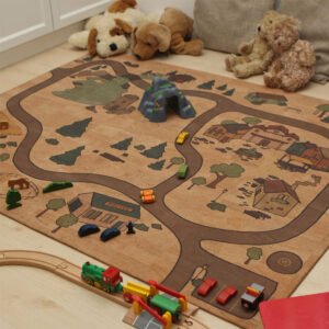 Children's rug made of natural fabrics, wooden train on cork carpet