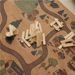 Kinderteppich mit Bausteinen aus Holz, Natürliche Materialien als Spielmatte für Kinderzimmer