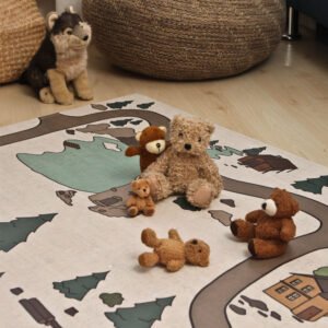 Toys on a cork carpet for children, Natural materials as a play mat for children's rooms