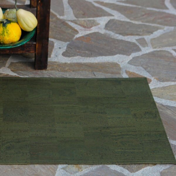 hallway carpet olive green made of cork, natural stones, pumpkin, vegan cork leather, sustainable cork carpet