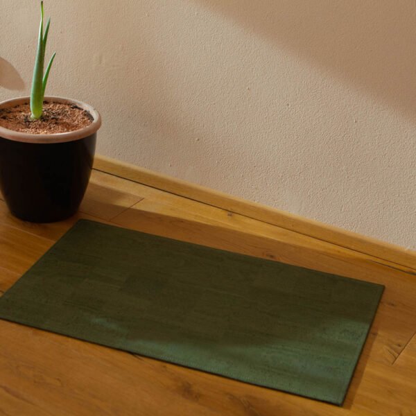 carpet bedroom olive green made of cork, brown, wooden floor, vegan cork leather, sustainable cork carpet
