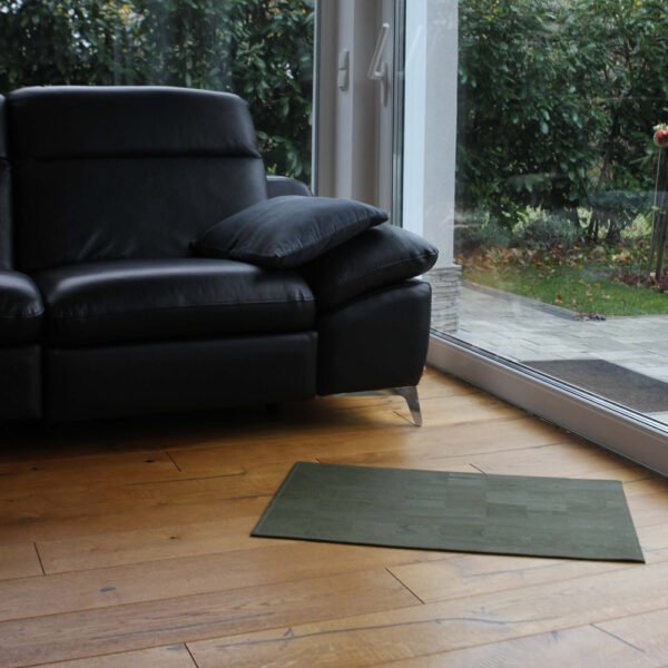 living room carpet green made of cork, vegan cork leather, sustainable cork carpet