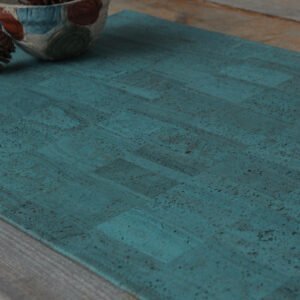 opalblau, natürlicher veganer teppich aus kork, korkleder matte aus naturstoffen vegan
