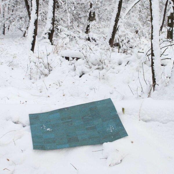 winter landscape, forest, carpet opal blue made of cork, blue, vegan cork leather, sustainable cork mat