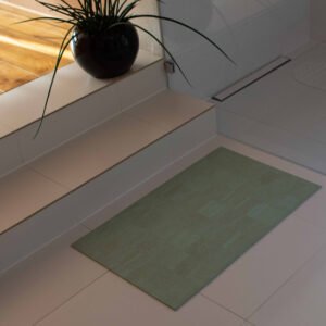 sage green, stairs, bathroom carpet, natural product cork, cork carpet on tiles