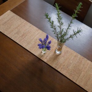 Brown table runner for dining table, table decoration made of natural vegan material, pleasant and washable cork leather